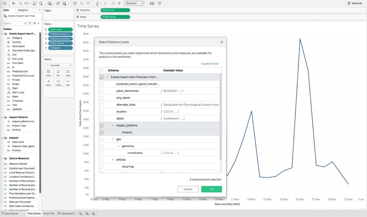 Find events around your business locations and export the data to explore it in Tableau